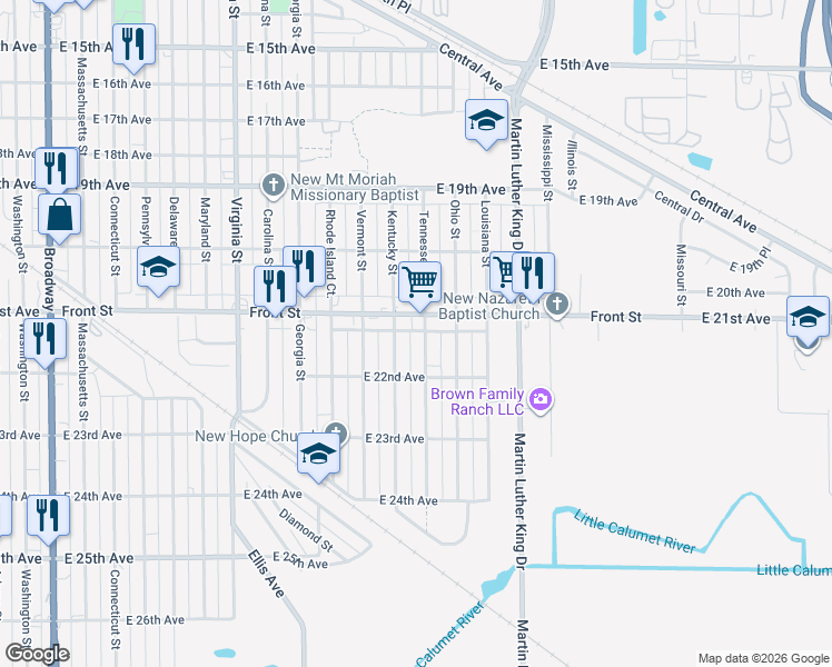 map of restaurants, bars, coffee shops, grocery stores, and more near 2120 Tennessee Street in Gary