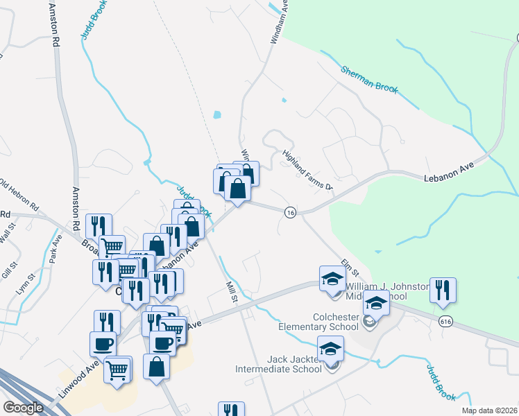 map of restaurants, bars, coffee shops, grocery stores, and more near 252 Lebanon Avenue in Colchester