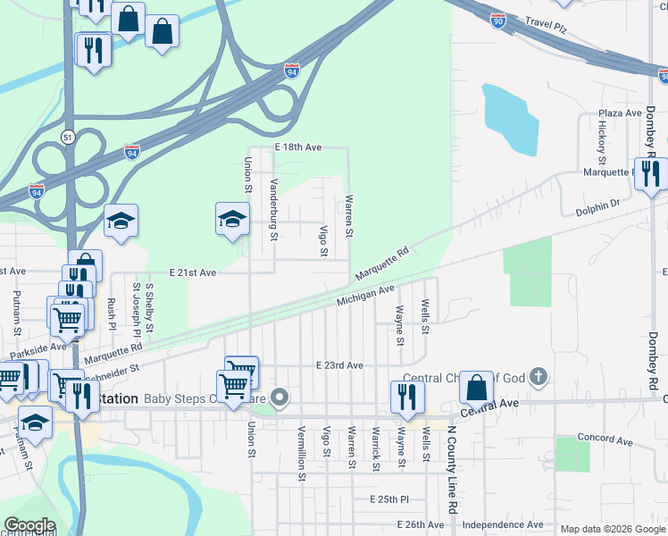 map of restaurants, bars, coffee shops, grocery stores, and more near 4547-4557 East 20th Court in Lake Station