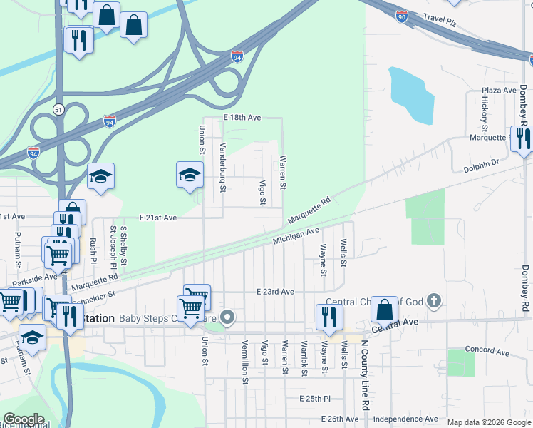map of restaurants, bars, coffee shops, grocery stores, and more near 4547-4557 East 20th Court in Lake Station