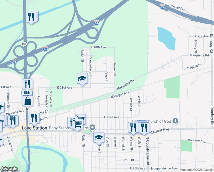 map of restaurants, bars, coffee shops, grocery stores, and more near 4547-4557 East 20th Court in Lake Station