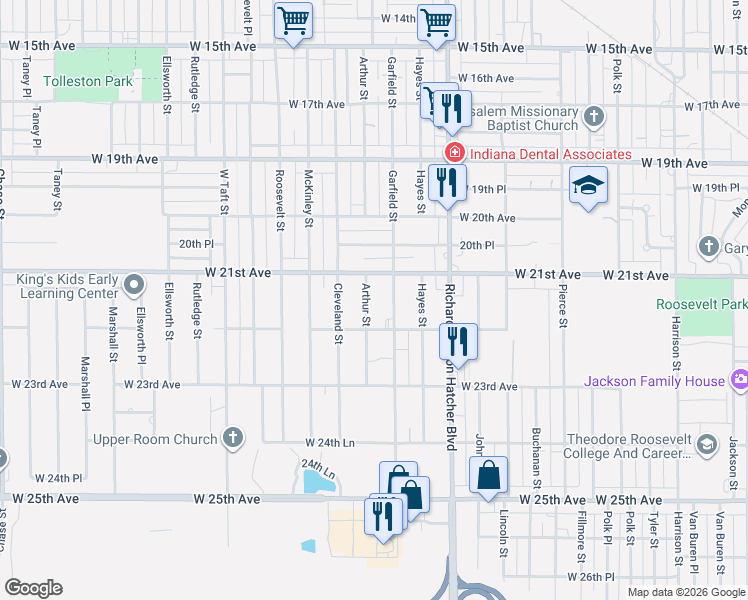 map of restaurants, bars, coffee shops, grocery stores, and more near 2124 Arthur Street in Gary