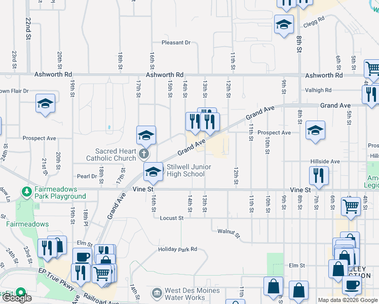 map of restaurants, bars, coffee shops, grocery stores, and more near 1415 Grand Avenue in West Des Moines