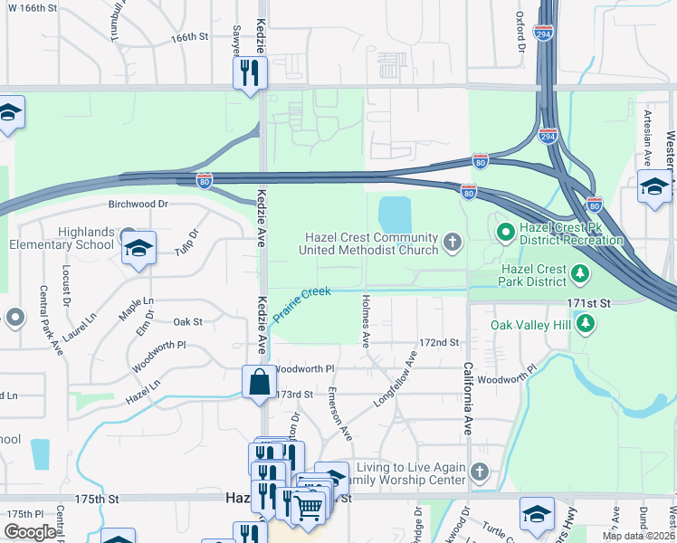 map of restaurants, bars, coffee shops, grocery stores, and more near 3012 171st Street in Hazel Crest