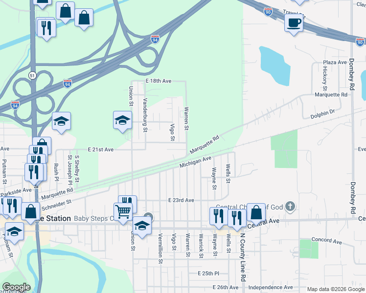 map of restaurants, bars, coffee shops, grocery stores, and more near 1979 Warren Street in Lake Station