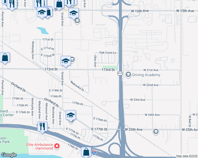 map of restaurants, bars, coffee shops, grocery stores, and more near 7334 Ohio Place in Hammond