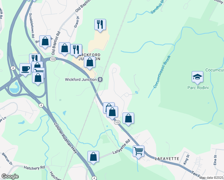 map of restaurants, bars, coffee shops, grocery stores, and more near 152 Rodman Lane in North Kingstown