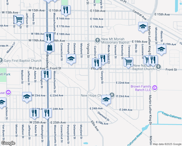 map of restaurants, bars, coffee shops, grocery stores, and more near 2134 Carolina Street in Gary