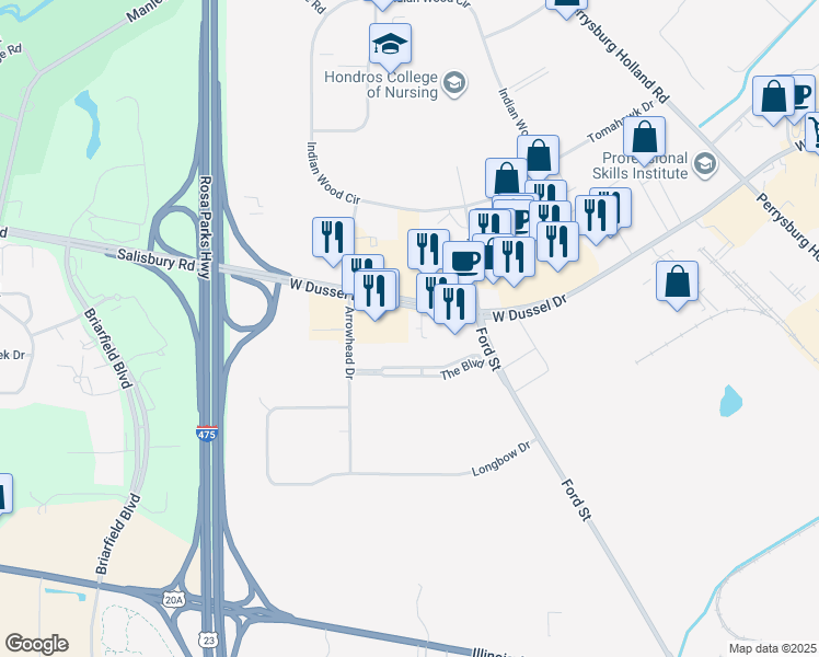 map of restaurants, bars, coffee shops, grocery stores, and more near 542 West Dussel Drive in Maumee