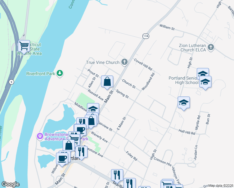 map of restaurants, bars, coffee shops, grocery stores, and more near 359 Main Street in Portland