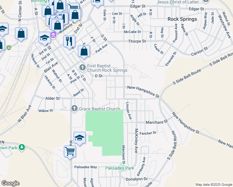 map of restaurants, bars, coffee shops, grocery stores, and more near 825 Rhode Island Avenue in Rock Springs