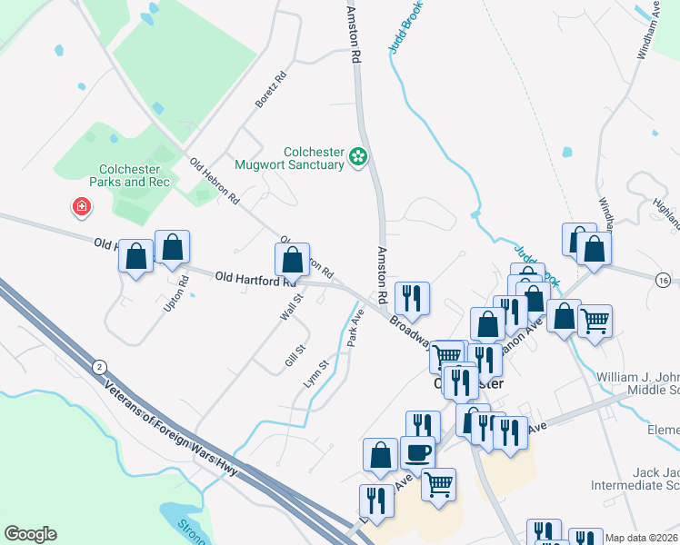 map of restaurants, bars, coffee shops, grocery stores, and more near 20 Old Hebron Road in Colchester