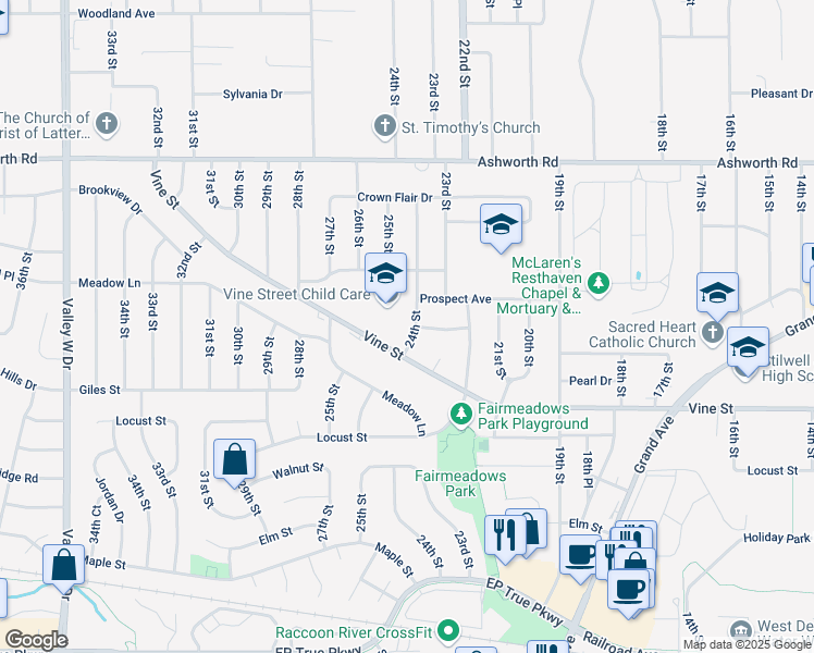 map of restaurants, bars, coffee shops, grocery stores, and more near 708 24th Street in West Des Moines