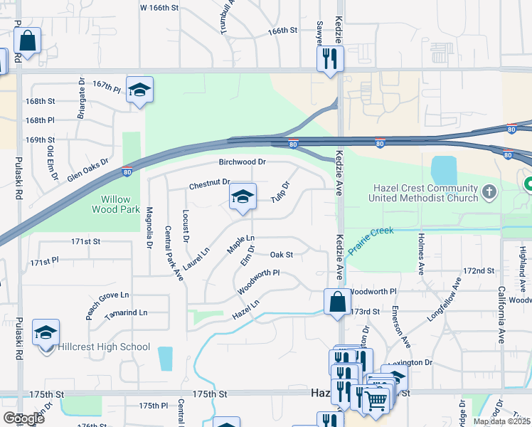 map of restaurants, bars, coffee shops, grocery stores, and more near 3325 Tulip Drive in Hazel Crest