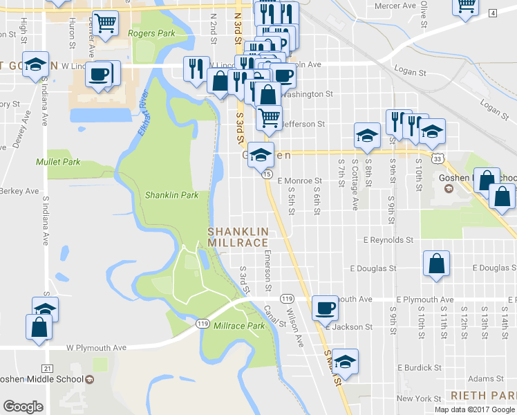 map of restaurants, bars, coffee shops, grocery stores, and more near 107 W Purl St in Goshen