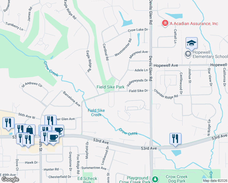 map of restaurants, bars, coffee shops, grocery stores, and more near 3195 Field Sike Drive in Bettendorf