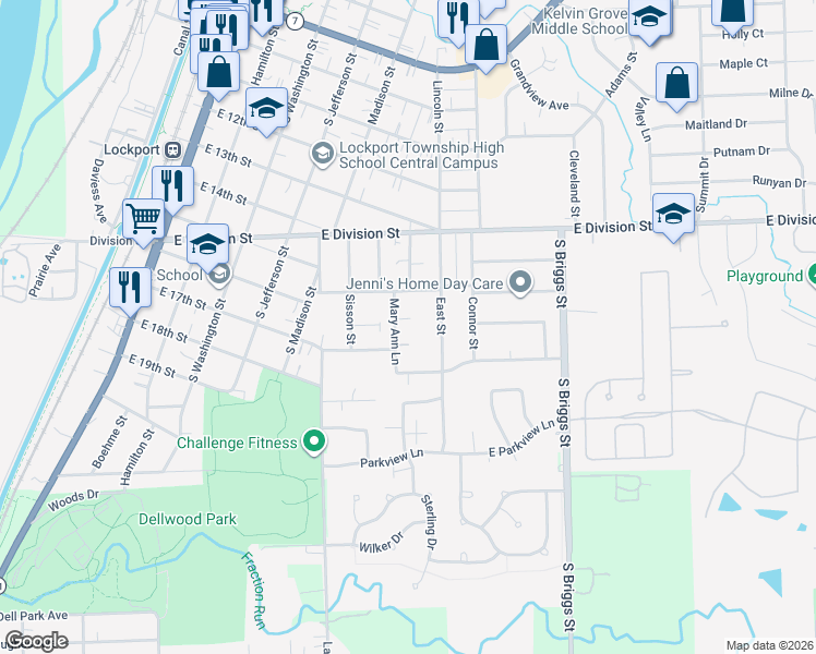 map of restaurants, bars, coffee shops, grocery stores, and more near 549 Jo Ann Court in Lockport