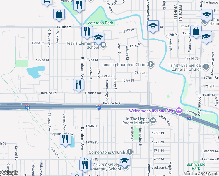 map of restaurants, bars, coffee shops, grocery stores, and more near 17331 Community Street in Lansing