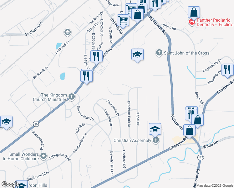 map of restaurants, bars, coffee shops, grocery stores, and more near 25627 Breckenridge Drive in Euclid