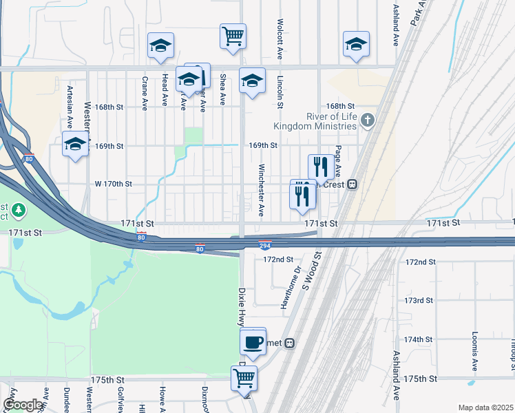 map of restaurants, bars, coffee shops, grocery stores, and more near 17054 Winchester Avenue in Hazel Crest