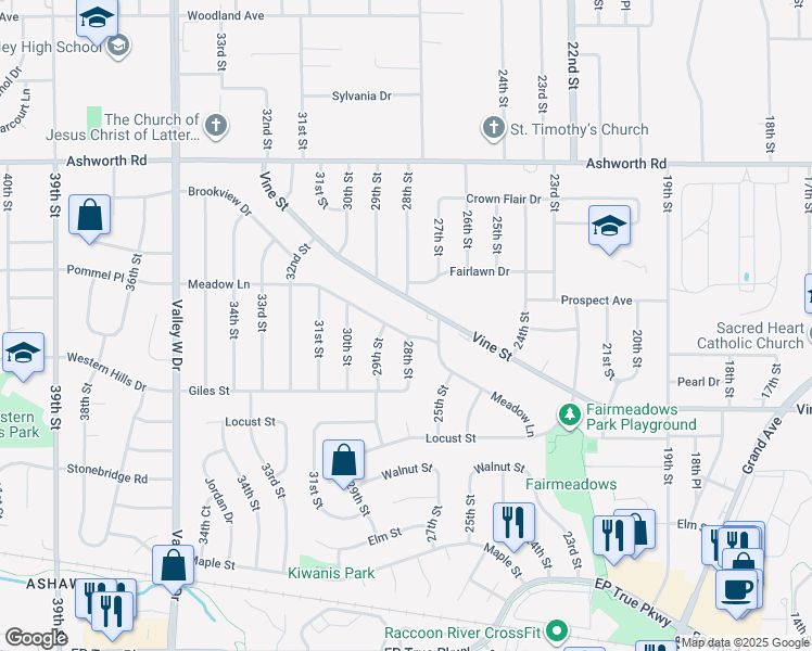 map of restaurants, bars, coffee shops, grocery stores, and more near 2805 Meadow Lane in West Des Moines