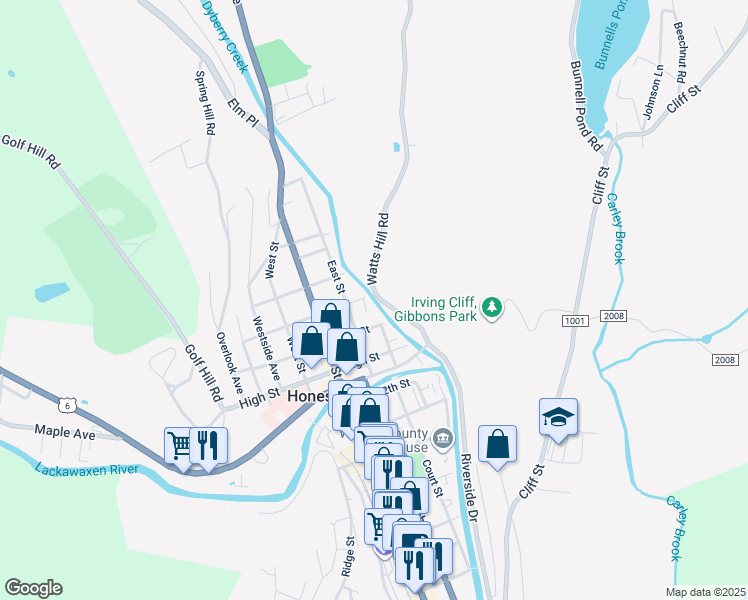 map of restaurants, bars, coffee shops, grocery stores, and more near 698 Watts Hill Road in Honesdale
