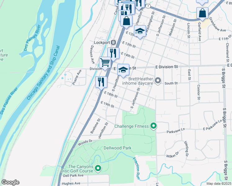 map of restaurants, bars, coffee shops, grocery stores, and more near 1723 South Hamilton Street in Lockport