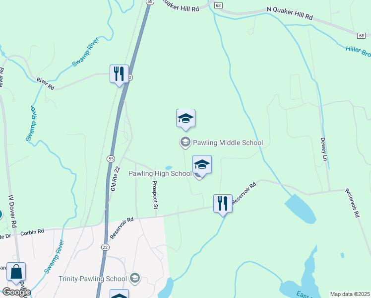 map of restaurants, bars, coffee shops, grocery stores, and more near 30 Wagner Drive in Pawling