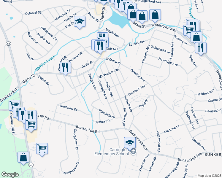 map of restaurants, bars, coffee shops, grocery stores, and more near 133 Pullen Avenue in Watertown