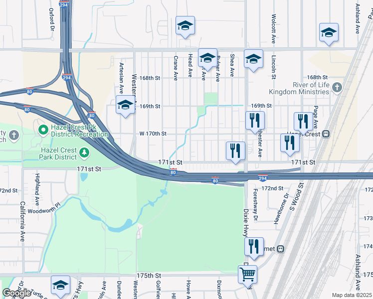 map of restaurants, bars, coffee shops, grocery stores, and more near 17032 Head Avenue in Hazel Crest