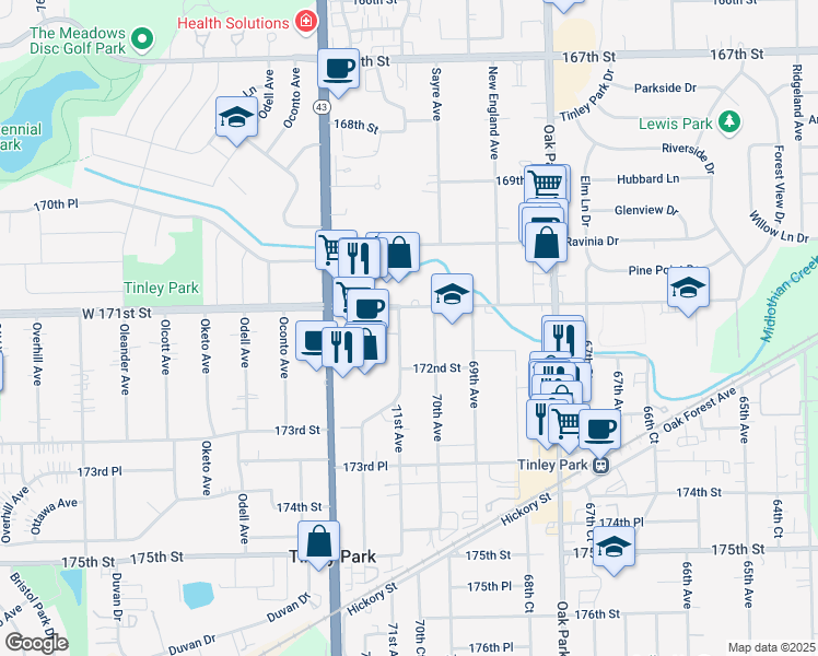 map of restaurants, bars, coffee shops, grocery stores, and more near 17102 71st Avenue in Tinley Park