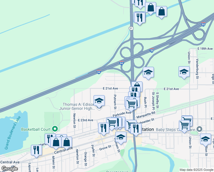 map of restaurants, bars, coffee shops, grocery stores, and more near 3264 E 21st Ave in Gary