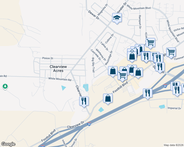 map of restaurants, bars, coffee shops, grocery stores, and more near 2242 Big Sky Trail in Rock Springs