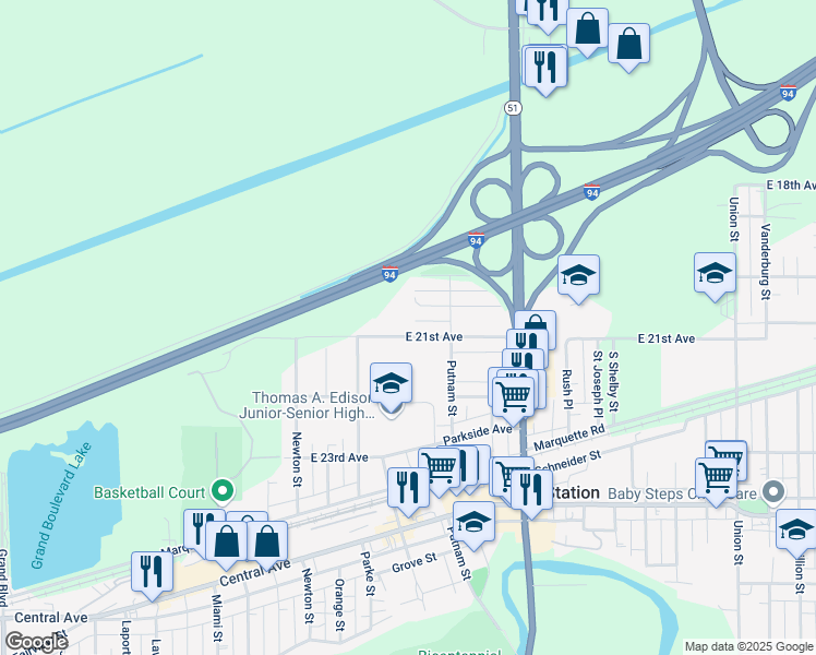 map of restaurants, bars, coffee shops, grocery stores, and more near 3264 E 21st Ave in Gary