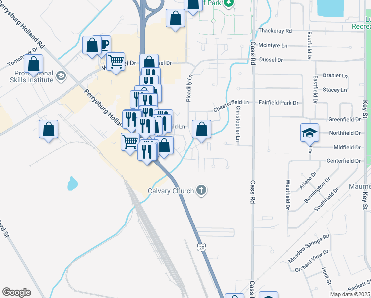 map of restaurants, bars, coffee shops, grocery stores, and more near 1389 Picadilly Lane in Maumee