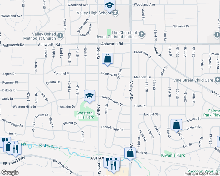 map of restaurants, bars, coffee shops, grocery stores, and more near 707 38th Street in West Des Moines