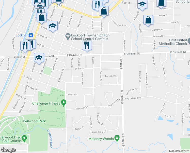 map of restaurants, bars, coffee shops, grocery stores, and more near 1630 East Street in Lockport