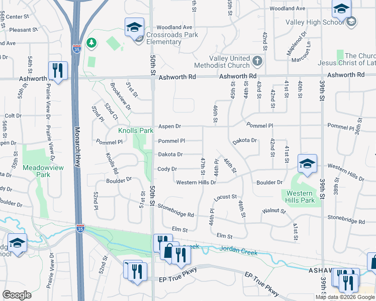 map of restaurants, bars, coffee shops, grocery stores, and more near 4713 Dakota Drive in West Des Moines