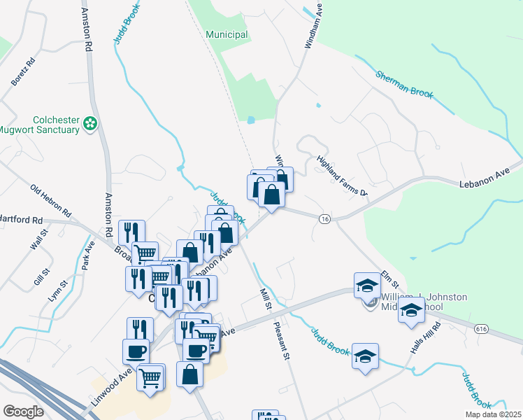 map of restaurants, bars, coffee shops, grocery stores, and more near 187 Lebanon Avenue in Colchester