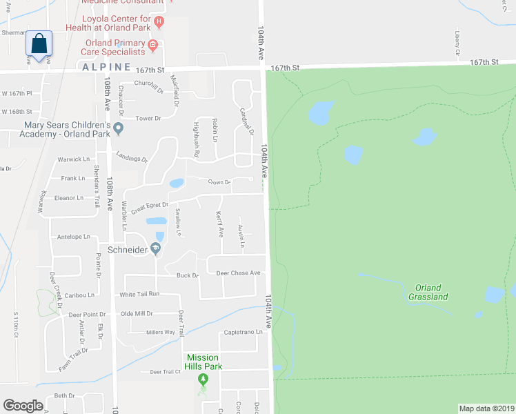 map of restaurants, bars, coffee shops, grocery stores, and more near 17060 104th Avenue in Orland Park