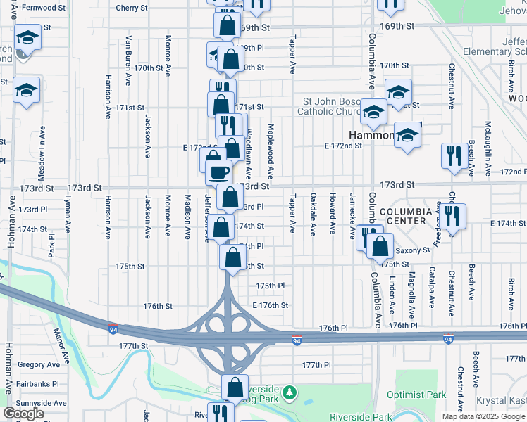 map of restaurants, bars, coffee shops, grocery stores, and more near 904 173rd Place in Hammond