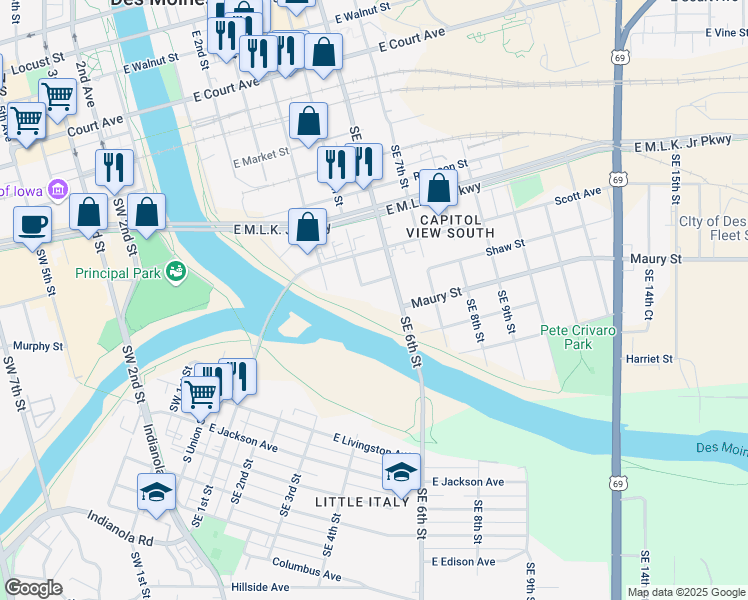 map of restaurants, bars, coffee shops, grocery stores, and more near 712 Southeast 6th Street in Des Moines