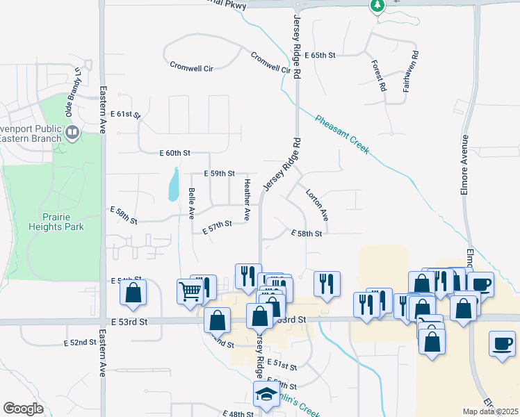 map of restaurants, bars, coffee shops, grocery stores, and more near Jersey Ridge Road in Davenport