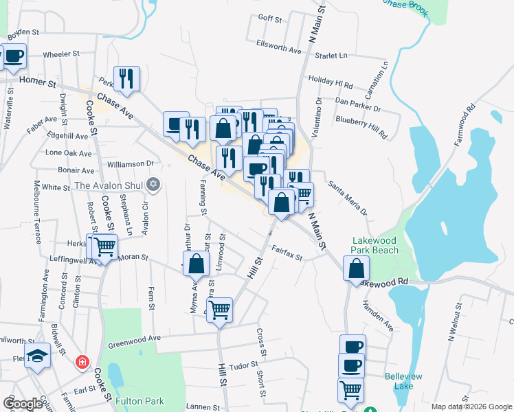 map of restaurants, bars, coffee shops, grocery stores, and more near 171 Chase Avenue in Waterbury