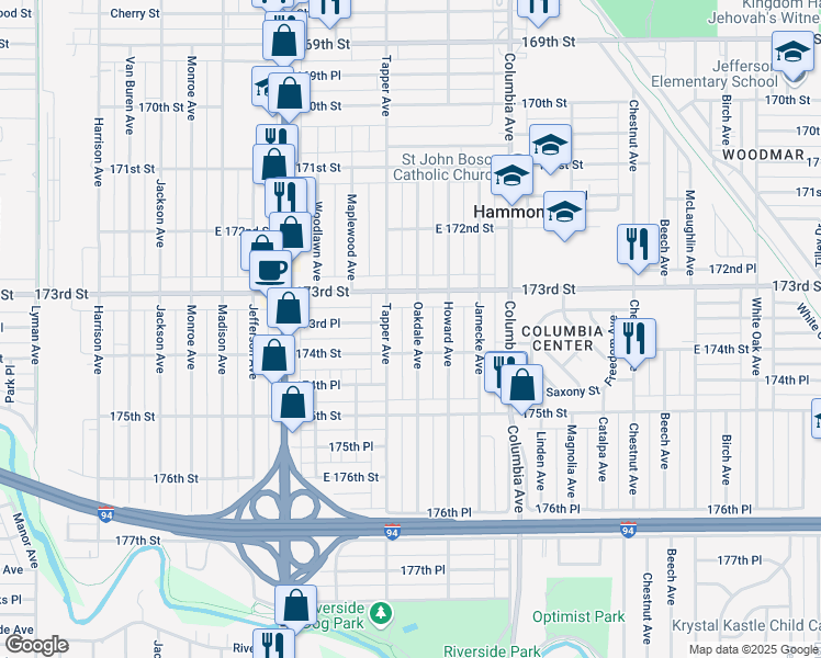 map of restaurants, bars, coffee shops, grocery stores, and more near 7332 Oakdale Avenue in Hammond