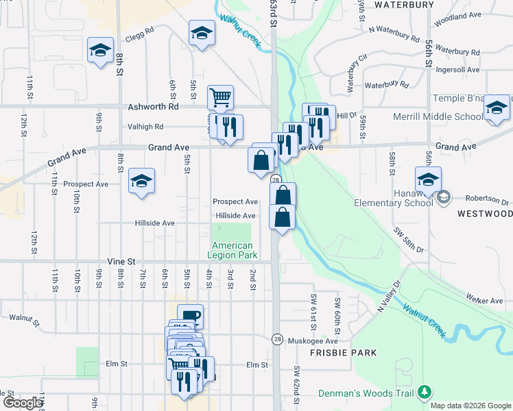 map of restaurants, bars, coffee shops, grocery stores, and more near 208 Prospect Avenue in West Des Moines