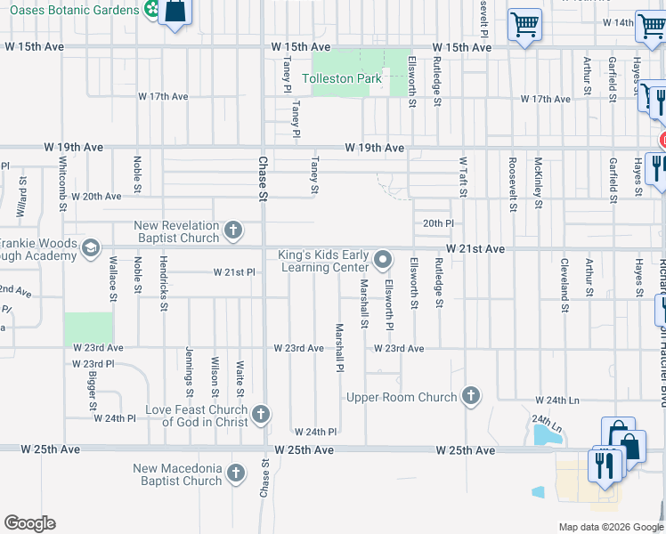 map of restaurants, bars, coffee shops, grocery stores, and more near 2128 Marshall Place in Gary