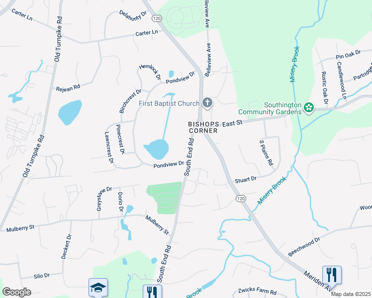 map of restaurants, bars, coffee shops, grocery stores, and more near 100 South End Road in Southington