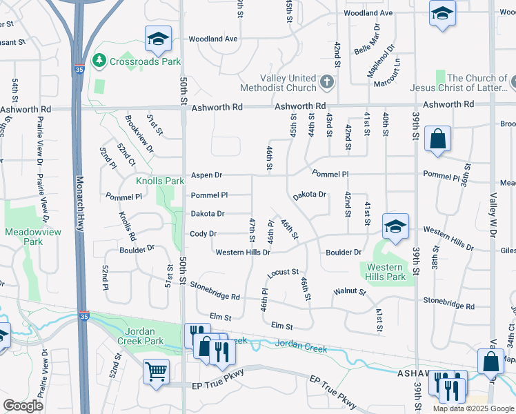 map of restaurants, bars, coffee shops, grocery stores, and more near 637 47th St in West Des Moines