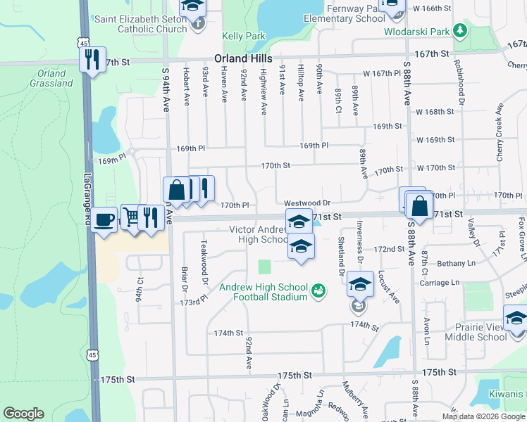 map of restaurants, bars, coffee shops, grocery stores, and more near 17061 92nd Avenue in Orland Hills